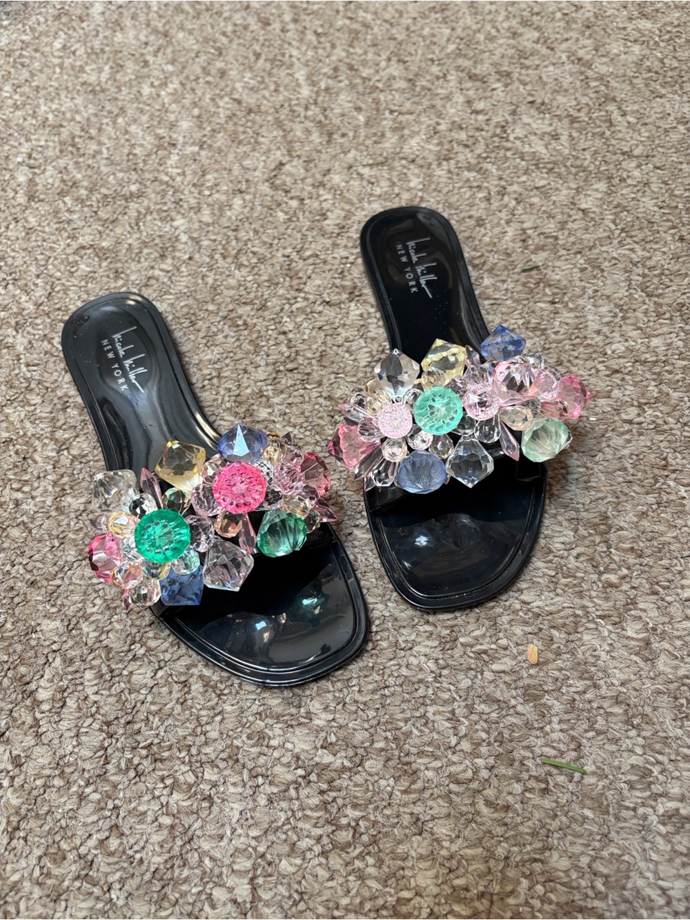 Nicole Miller Black Slide Sandals with Multicolor Crystals